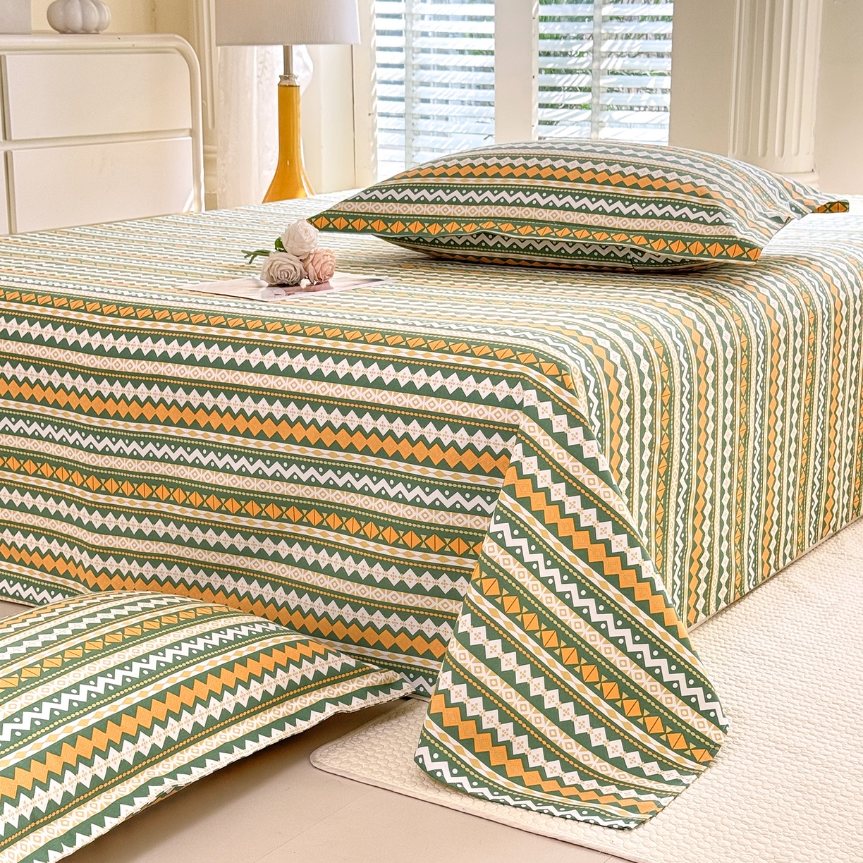 91家纺网 家纺一手货源 找家纺 木易家居 2026新款原棉老粗布床单凉席三件套 雅梦静