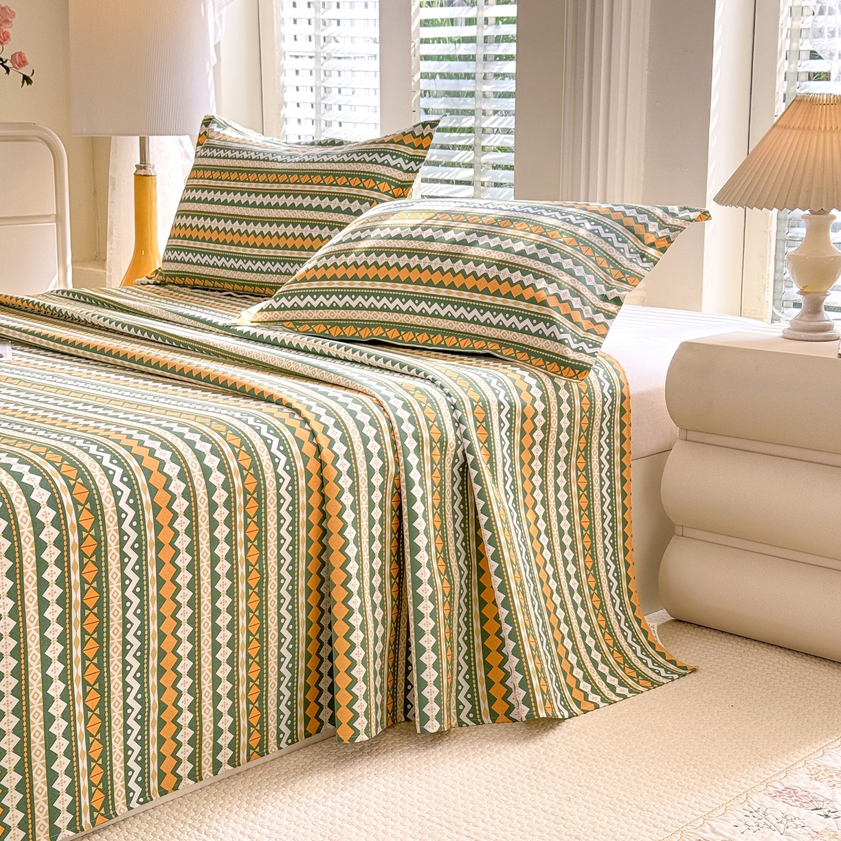 91家纺网 家纺一手货源 找家纺 木易家居 2026新款原棉老粗布床单凉席三件套 雅梦静