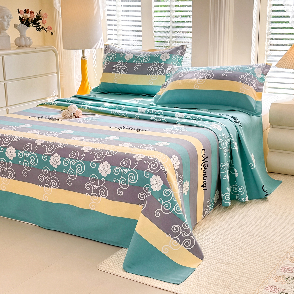 91家纺网 家纺一手货源 找家纺 木易 2026新款原棉老粗布床单凉席三件套 早安绿