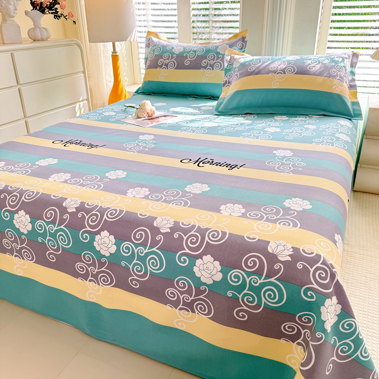 91家纺网 家纺一手货源 找家纺 木易 2026新款原棉老粗布床单凉席三件套 早安绿