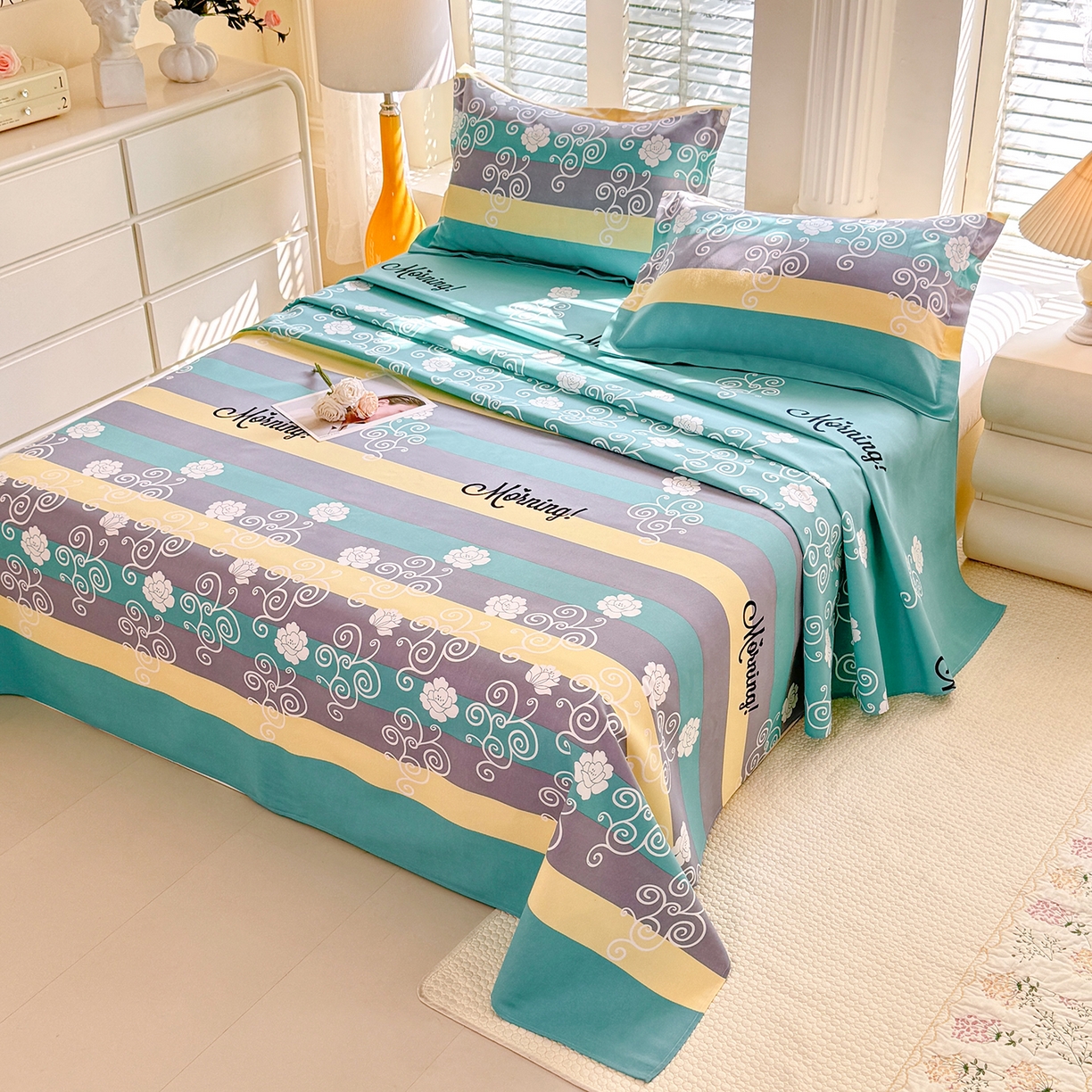 91家纺网 家纺一手货源 找家纺 木易 2026新款原棉老粗布床单凉席三件套 早安绿