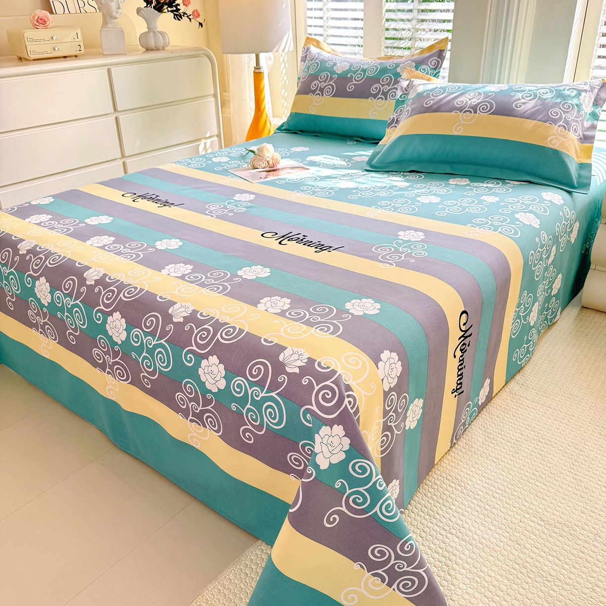 91家纺网 家纺一手货源 找家纺 木易 2026新款原棉老粗布床单凉席三件套 早安绿