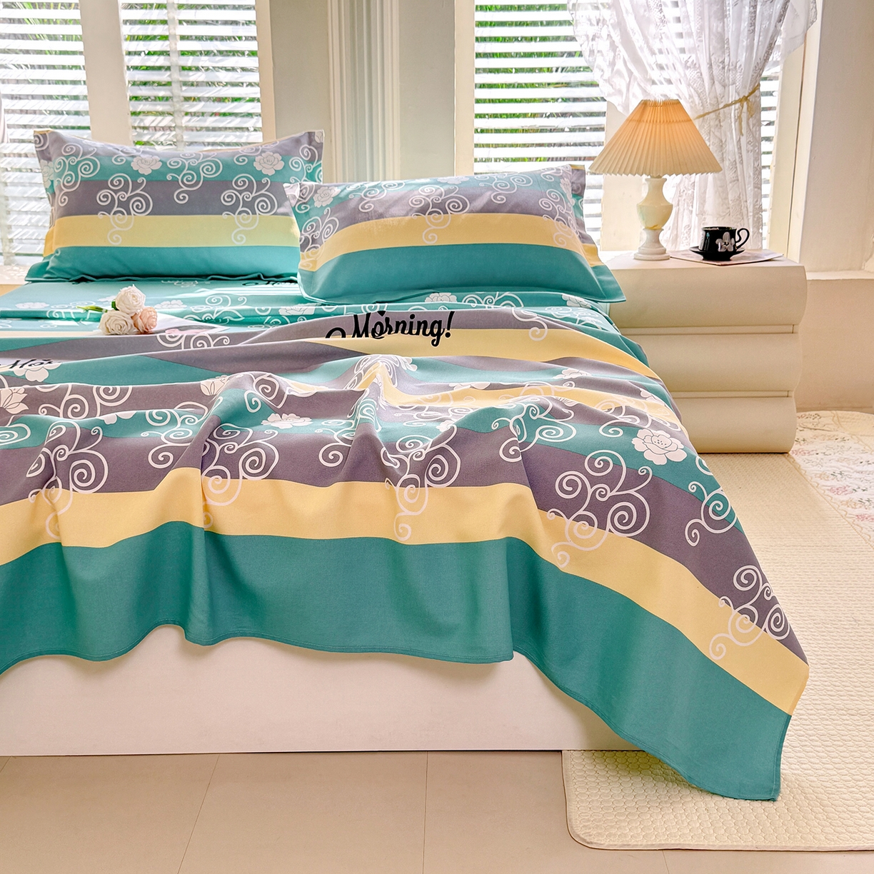 91家纺网 家纺一手货源 找家纺 木易 2026新款原棉老粗布床单凉席三件套 早安绿