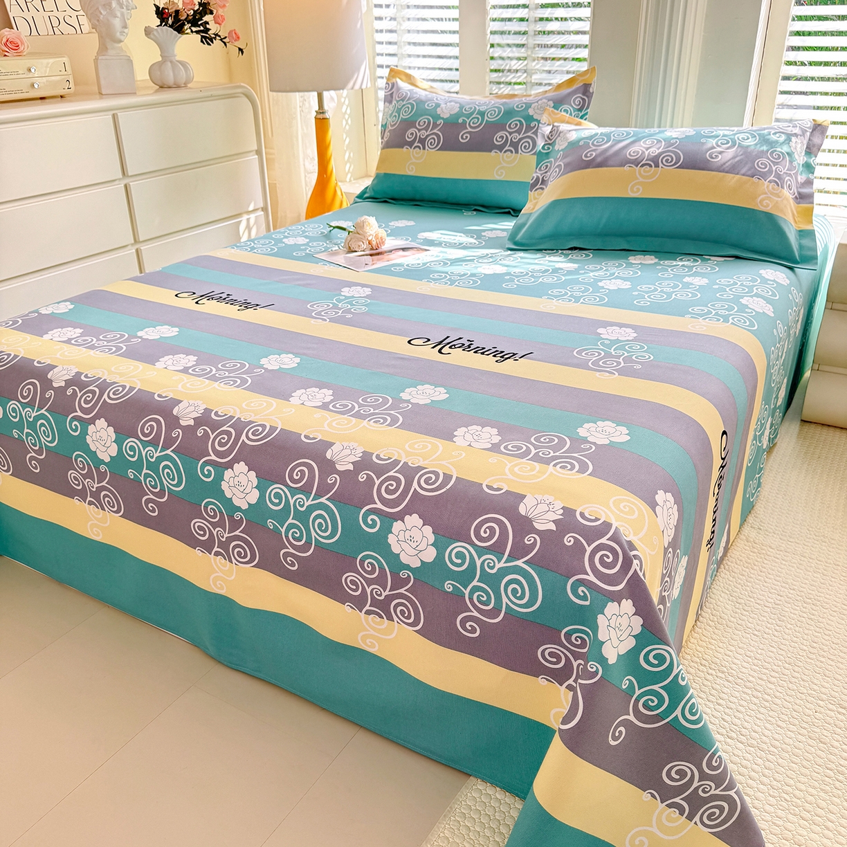 91家纺网 家纺一手货源 找家纺 木易 2026新款原棉老粗布床单凉席三件套 早安绿