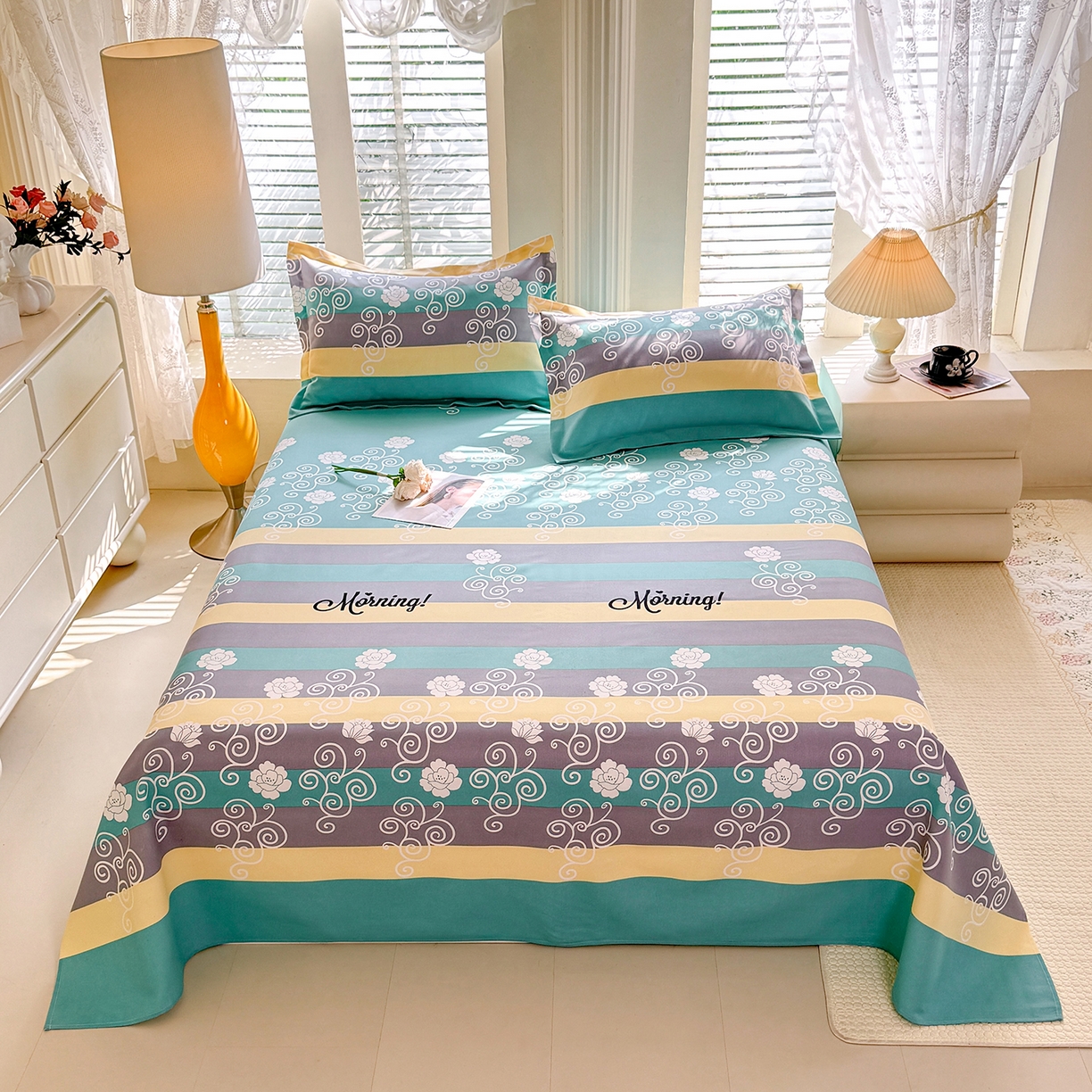 91家纺网 家纺一手货源 找家纺 木易 2026新款原棉老粗布床单凉席三件套 早安绿