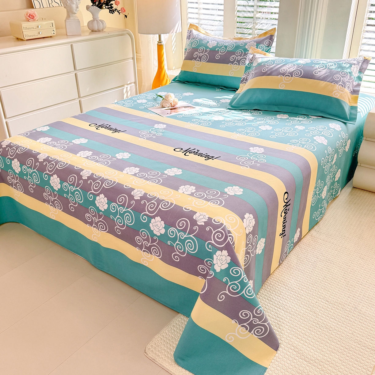 91家纺网 家纺一手货源 找家纺 木易 2026新款原棉老粗布床单凉席三件套 早安绿