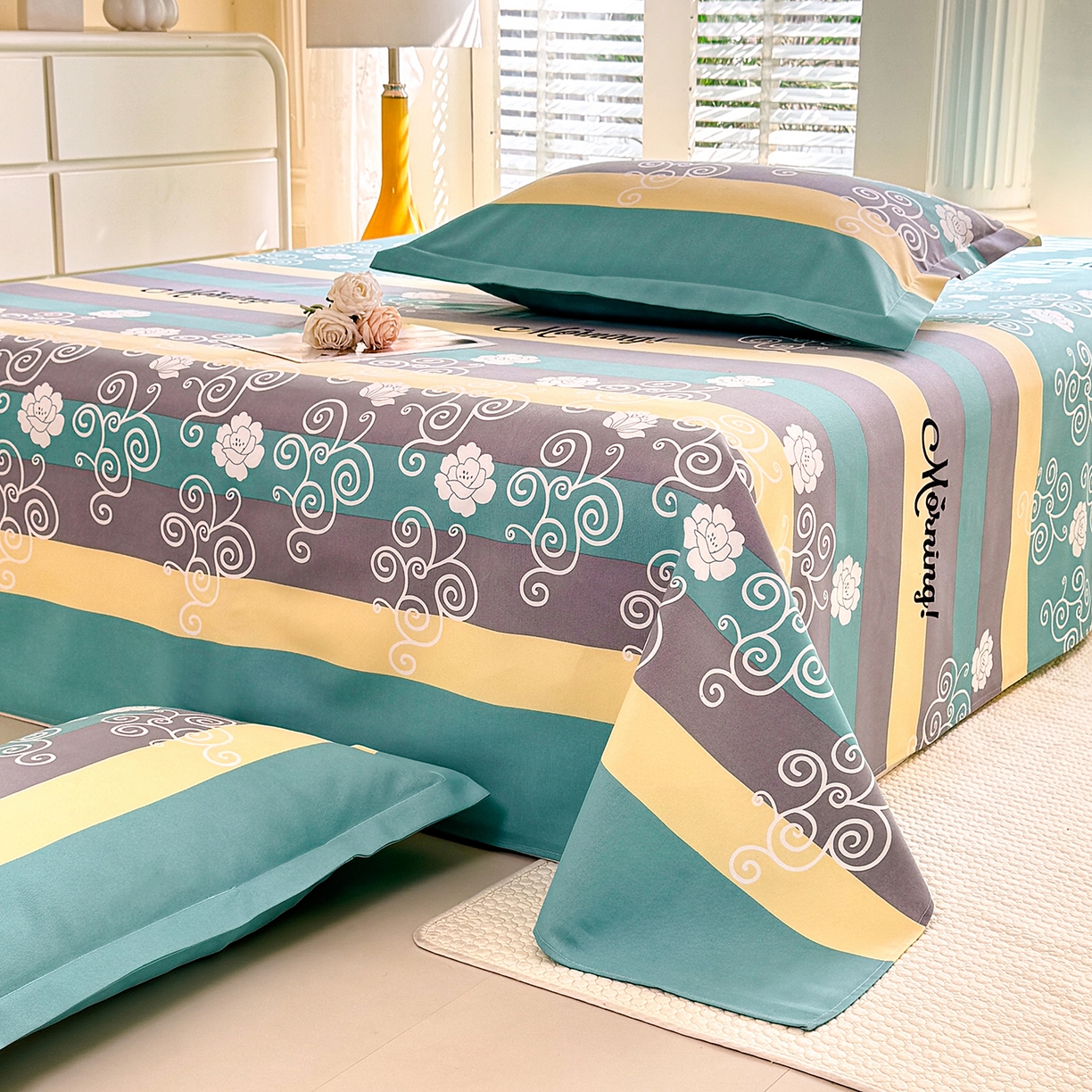 91家纺网 家纺一手货源 找家纺 木易 2026新款原棉老粗布床单凉席三件套 早安绿