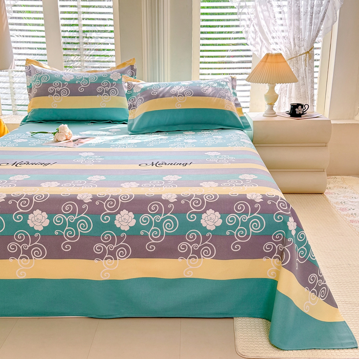 91家纺网 家纺一手货源 找家纺 木易 2026新款原棉老粗布床单凉席三件套 早安绿