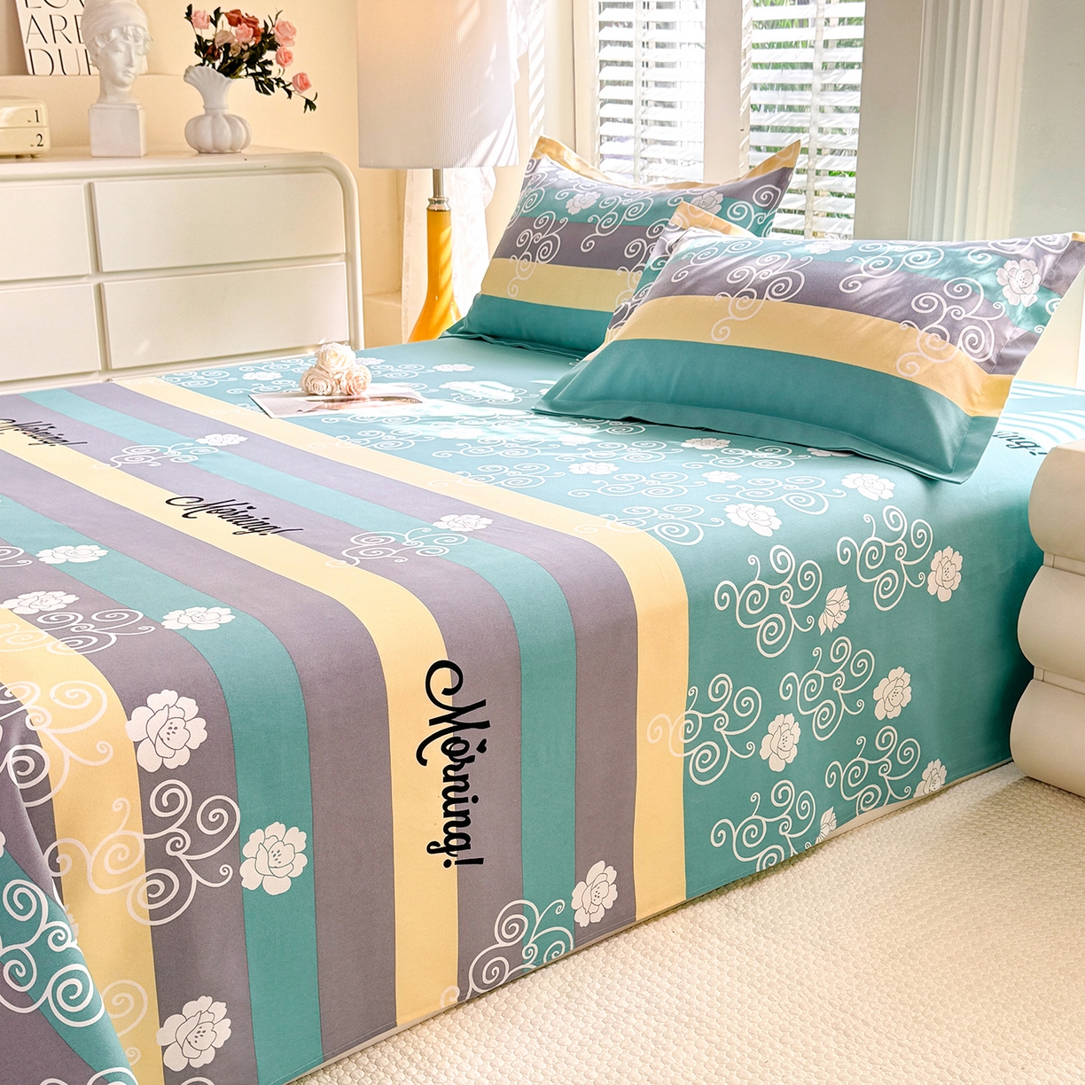 91家纺网 家纺一手货源 找家纺 木易 2026新款原棉老粗布床单凉席三件套 早安绿