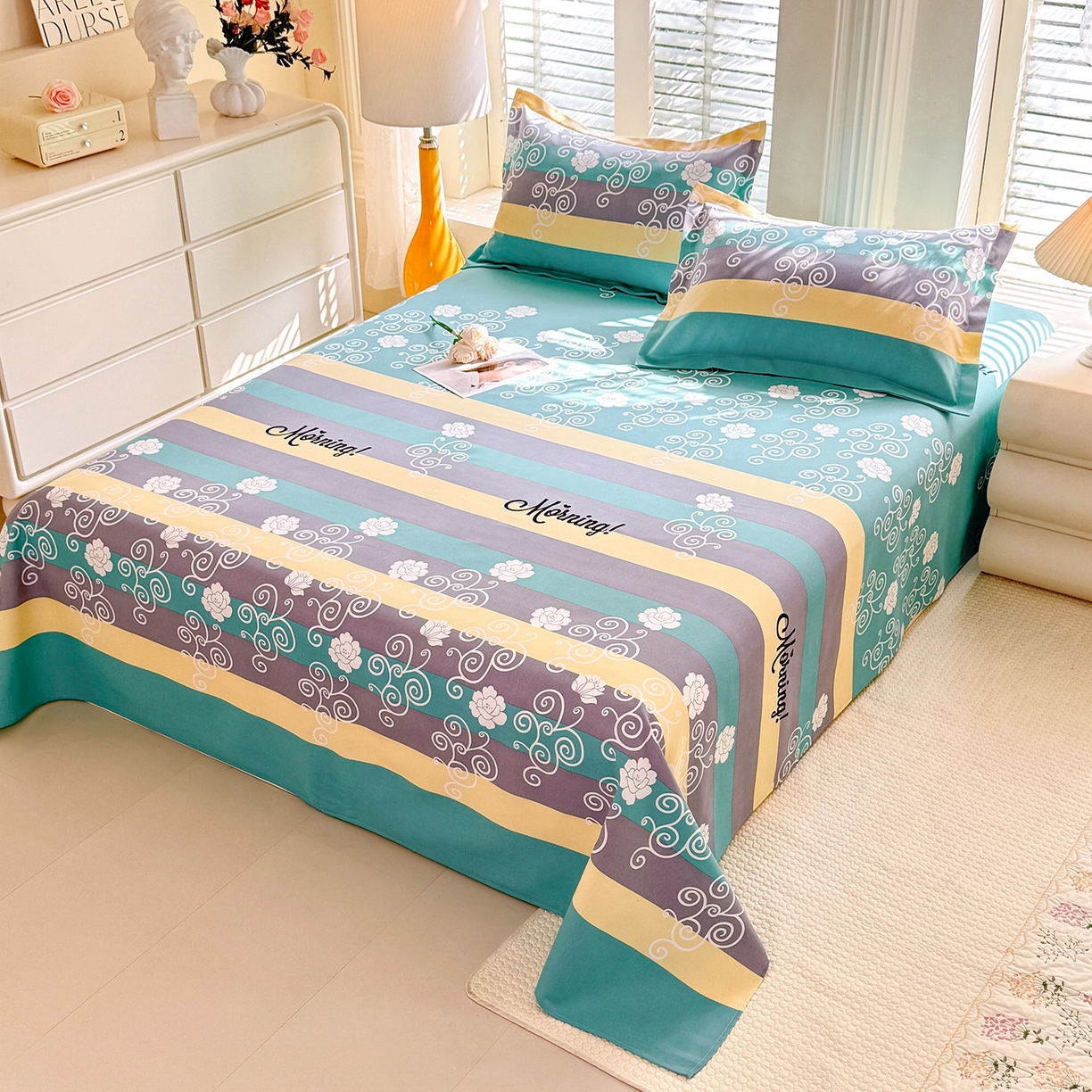 91家纺网 家纺一手货源 找家纺 木易 2026新款原棉老粗布床单凉席三件套 早安绿