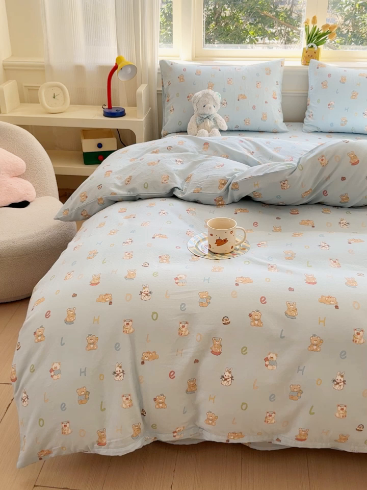 91家纺网 家纺一手货源 找家纺 感遇家纺 2026春夏新款双层纱全棉纯棉系列四件套-第一批 贝贝熊