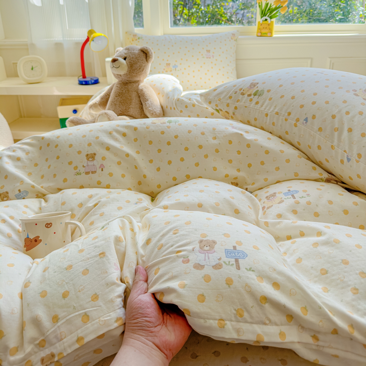 91家纺网 家纺一手货源 找家纺 感遇家纺 2026春夏新款双层纱全棉纯棉系列四件套-第一批 橙子小熊