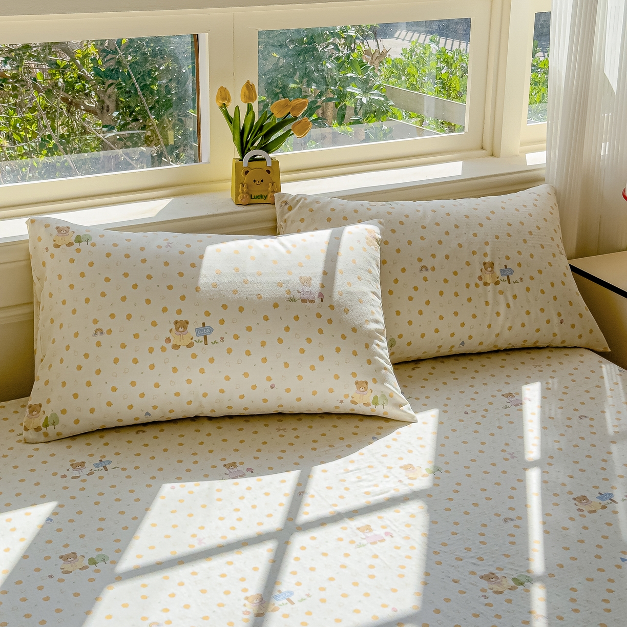 91家纺网 家纺一手货源 找家纺 感遇家纺 2026春夏新款双层纱全棉纯棉系列四件套-第一批 橙子小熊