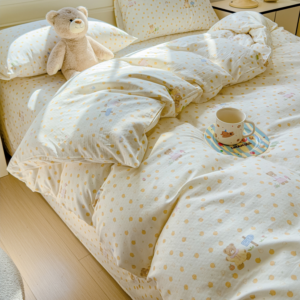 91家纺网 家纺一手货源 找家纺 感遇家纺 2026春夏新款双层纱全棉纯棉系列四件套-第一批 橙子小熊