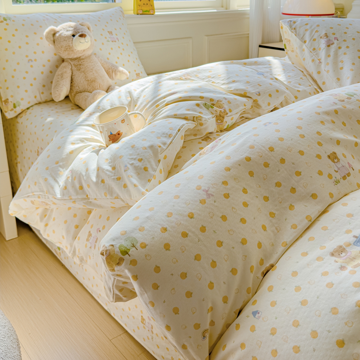 91家纺网 家纺一手货源 找家纺 感遇家纺 2026春夏新款双层纱全棉纯棉系列四件套-第一批 橙子小熊