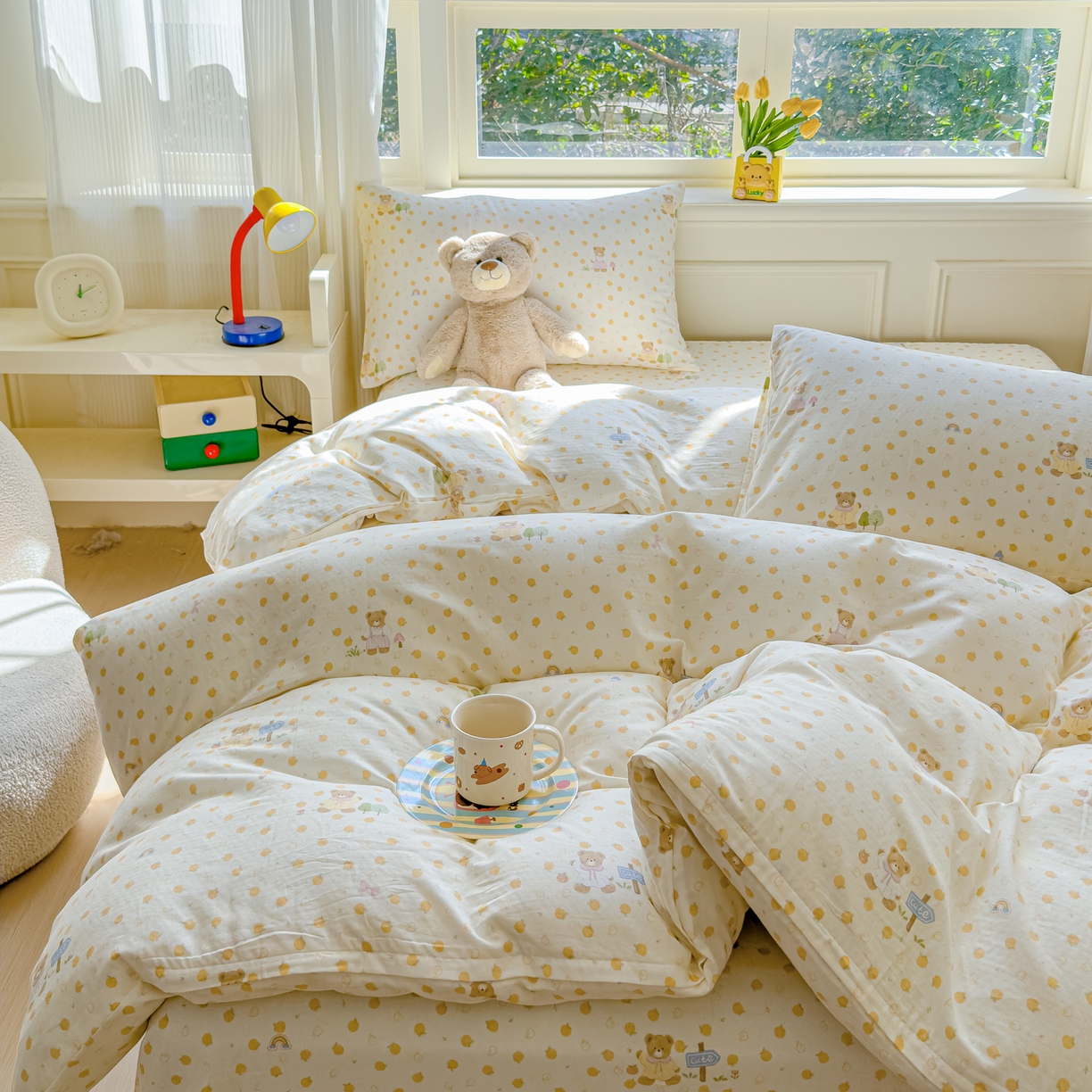 91家纺网 家纺一手货源 找家纺 感遇家纺 2026春夏新款双层纱全棉纯棉系列四件套-第一批 橙子小熊