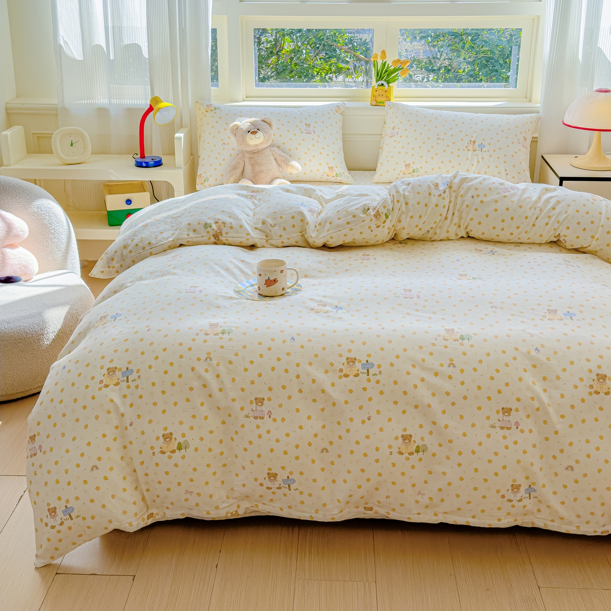 91家纺网 家纺一手货源 找家纺 感遇家纺 2026春夏新款双层纱全棉纯棉系列四件套-第一批 橙子小熊