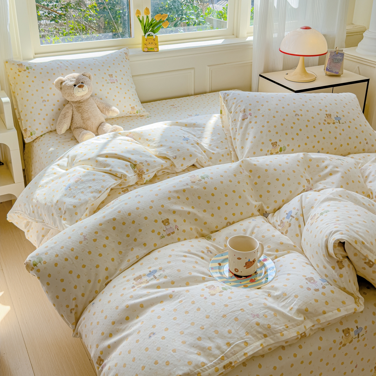 91家纺网 家纺一手货源 找家纺 感遇家纺 2026春夏新款双层纱全棉纯棉系列四件套-第一批 橙子小熊