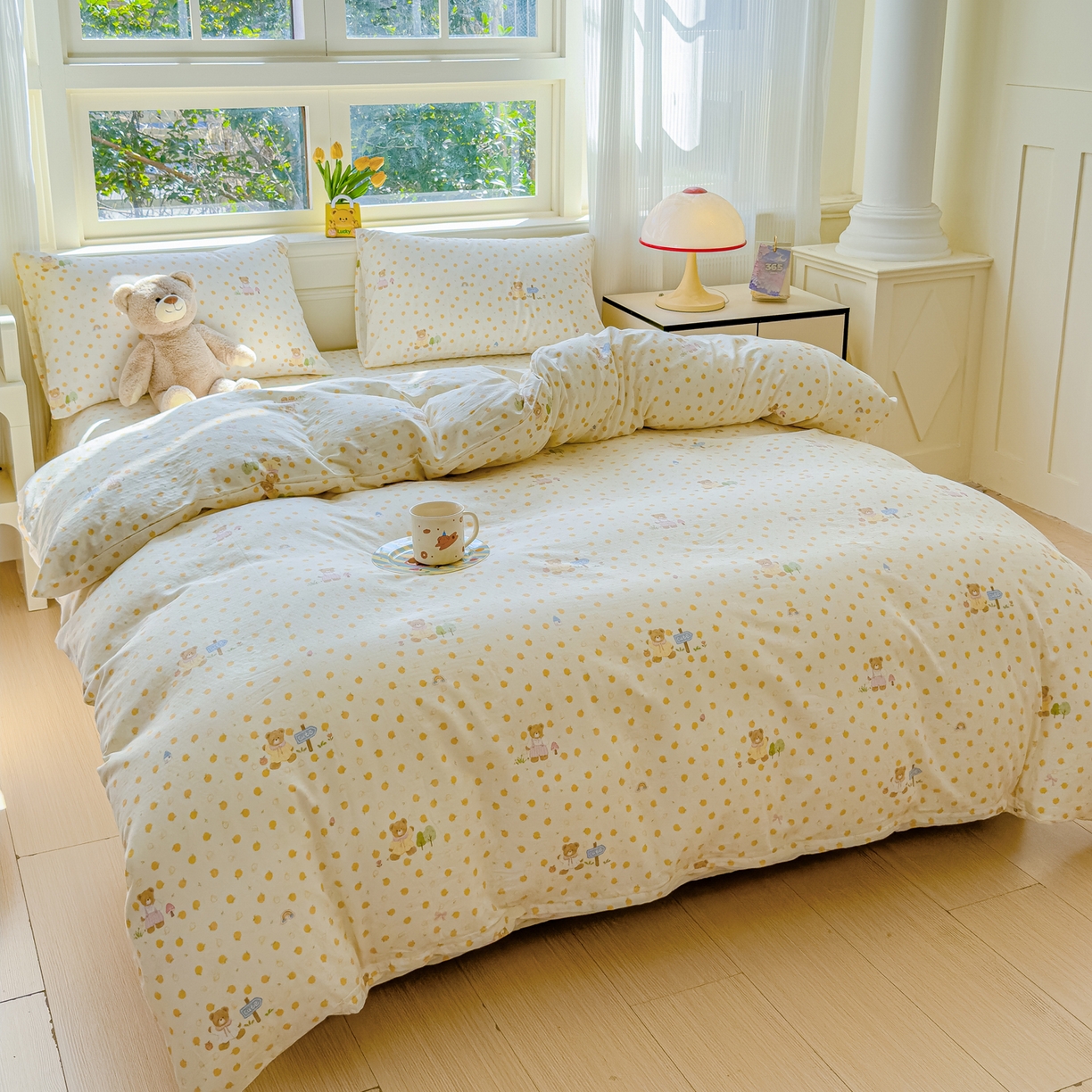 91家纺网 家纺一手货源 找家纺 感遇家纺 2026春夏新款双层纱全棉纯棉系列四件套-第一批 橙子小熊