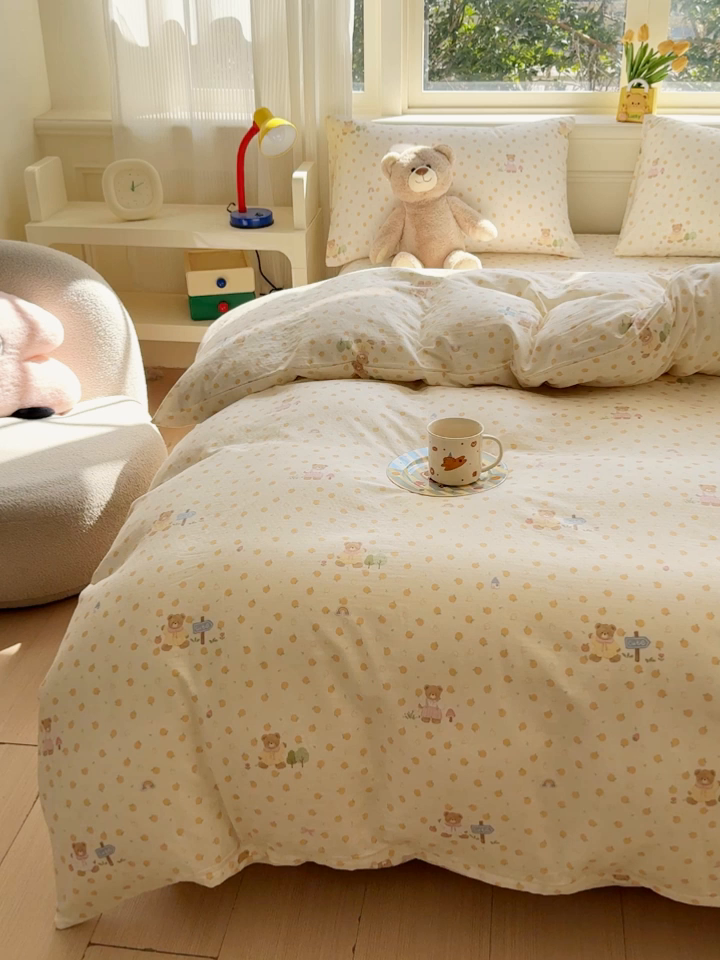 91家纺网 家纺一手货源 找家纺 感遇家纺 2026春夏新款双层纱全棉纯棉系列四件套-第一批 橙子小熊