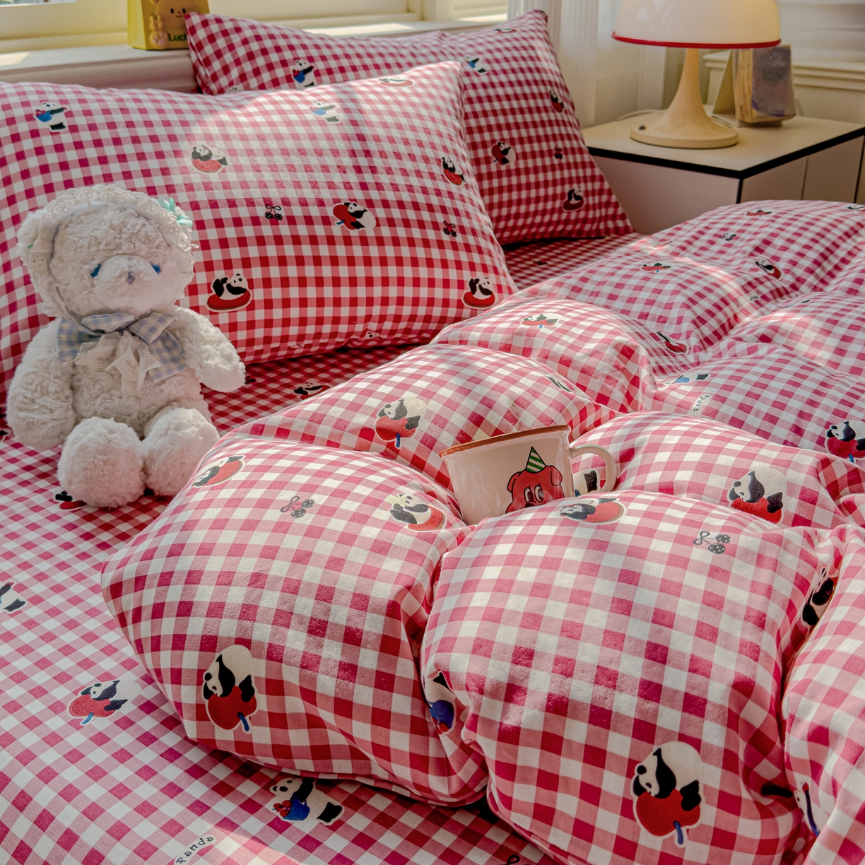 91家纺网 家纺一手货源 找家纺 感遇家纺 2026春夏新款双层纱全棉纯棉系列四件套-第一批 红格熊猫