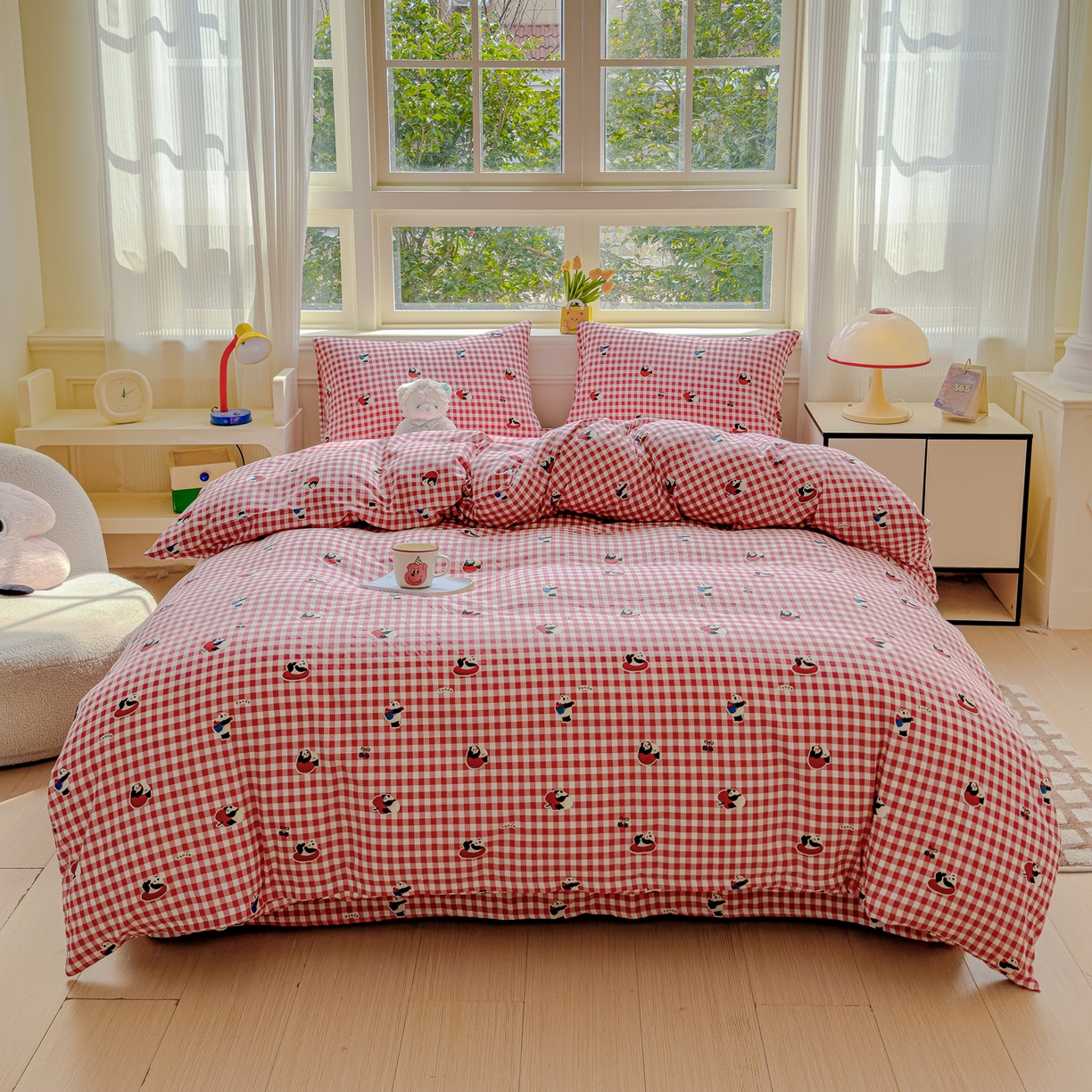 91家纺网 家纺一手货源 找家纺 感遇家纺 2026春夏新款双层纱全棉纯棉系列四件套-第一批 红格熊猫