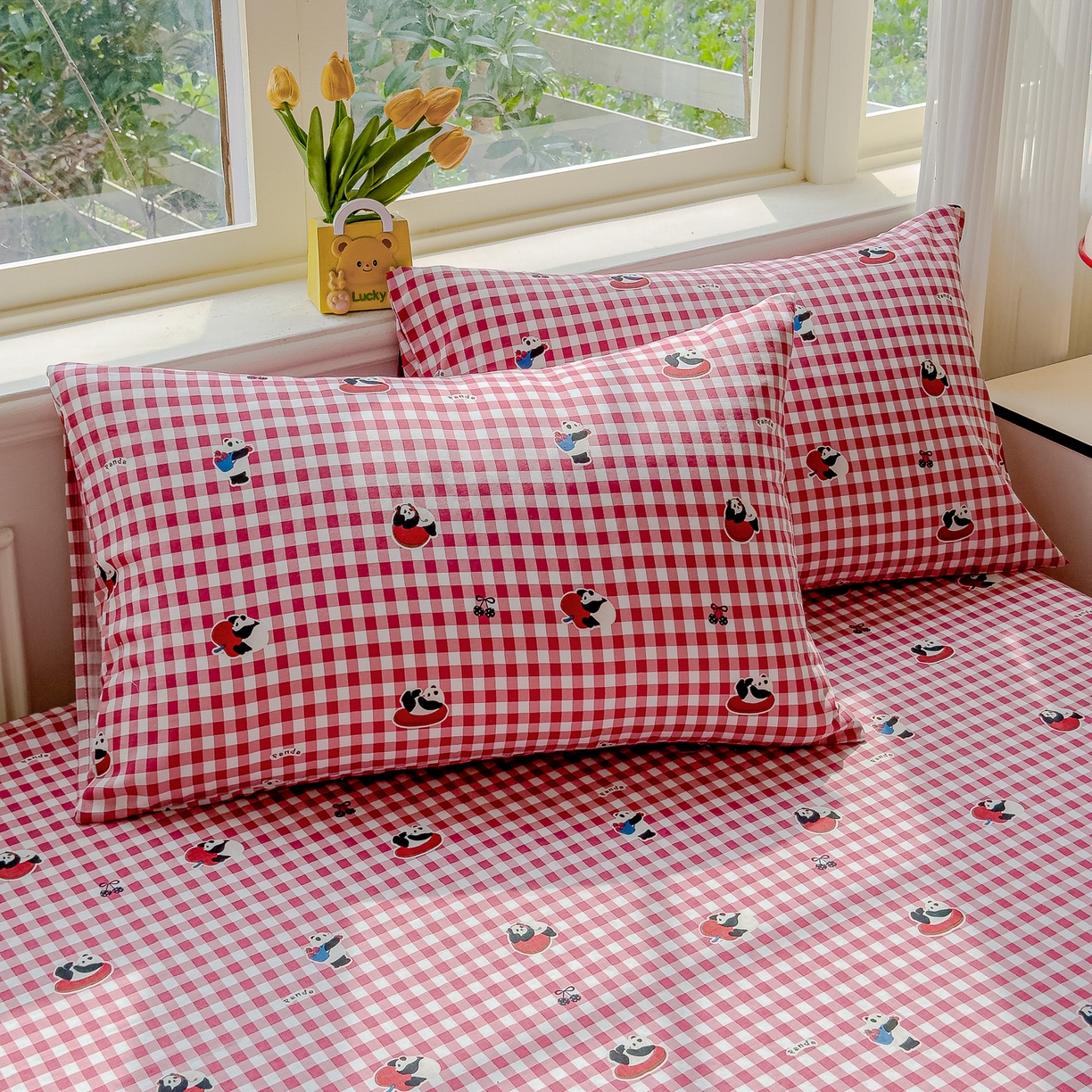 91家纺网 家纺一手货源 找家纺 感遇家纺 2026春夏新款双层纱全棉纯棉系列四件套-第一批 红格熊猫