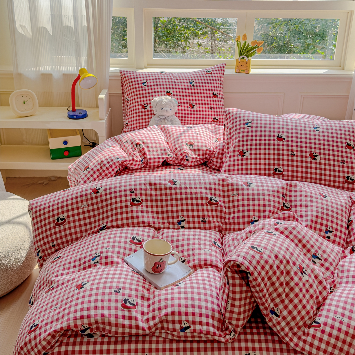 91家纺网 家纺一手货源 找家纺 感遇家纺 2026春夏新款双层纱全棉纯棉系列四件套-第一批 红格熊猫