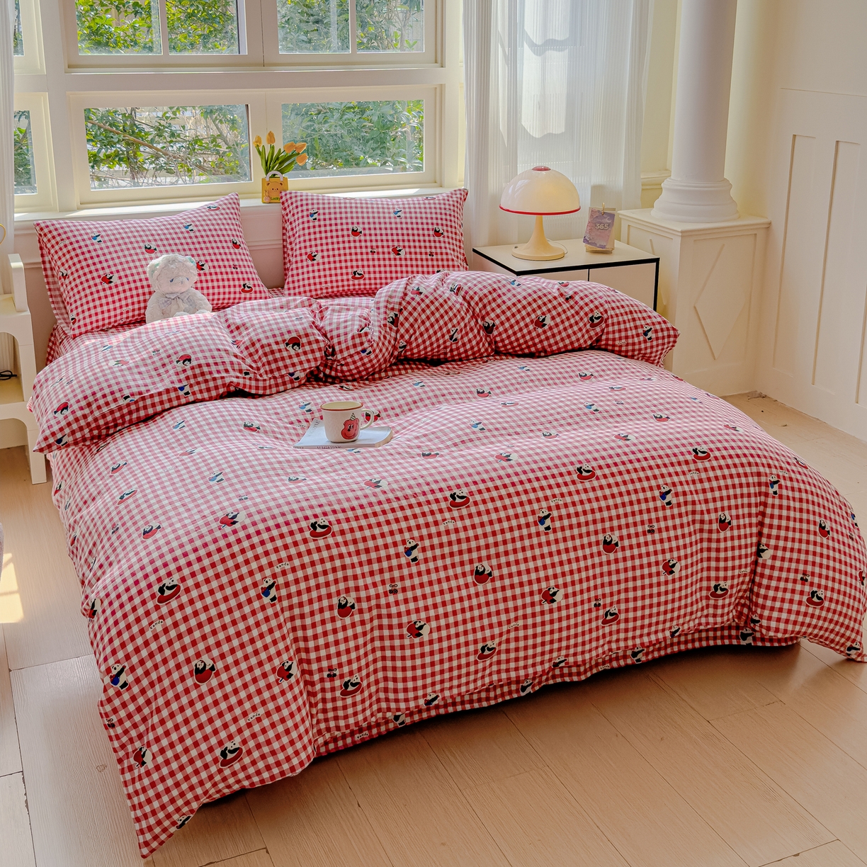 91家纺网 家纺一手货源 找家纺 感遇家纺 2026春夏新款双层纱全棉纯棉系列四件套-第一批 红格熊猫