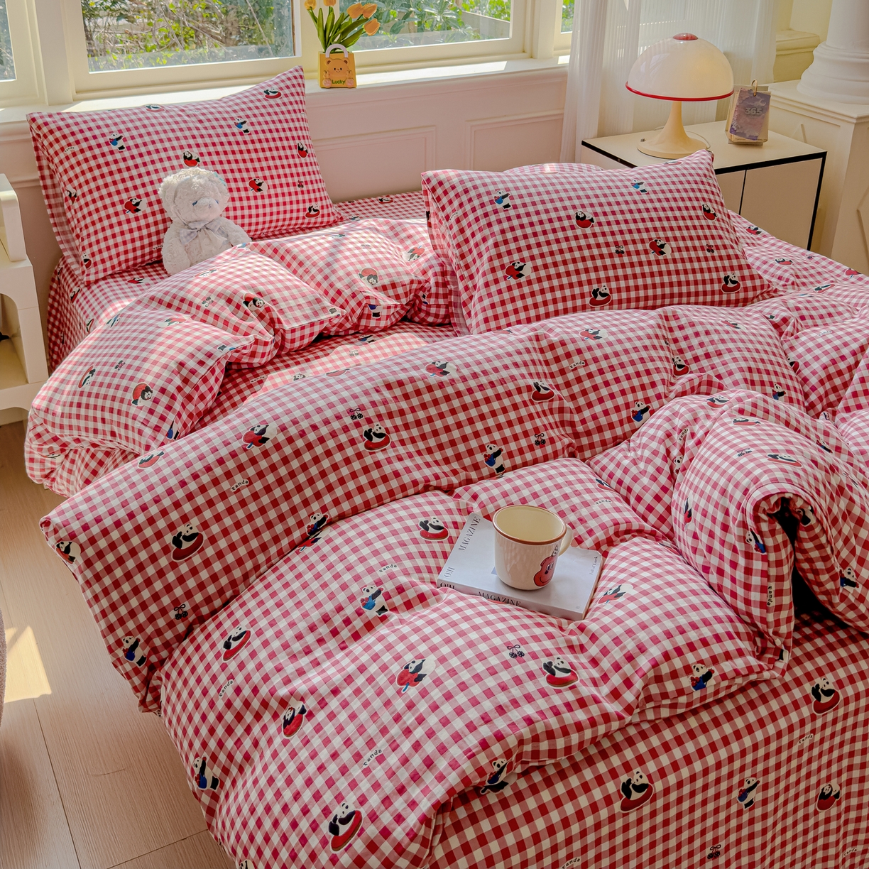 91家纺网 家纺一手货源 找家纺 感遇家纺 2026春夏新款双层纱全棉纯棉系列四件套-第一批 红格熊猫