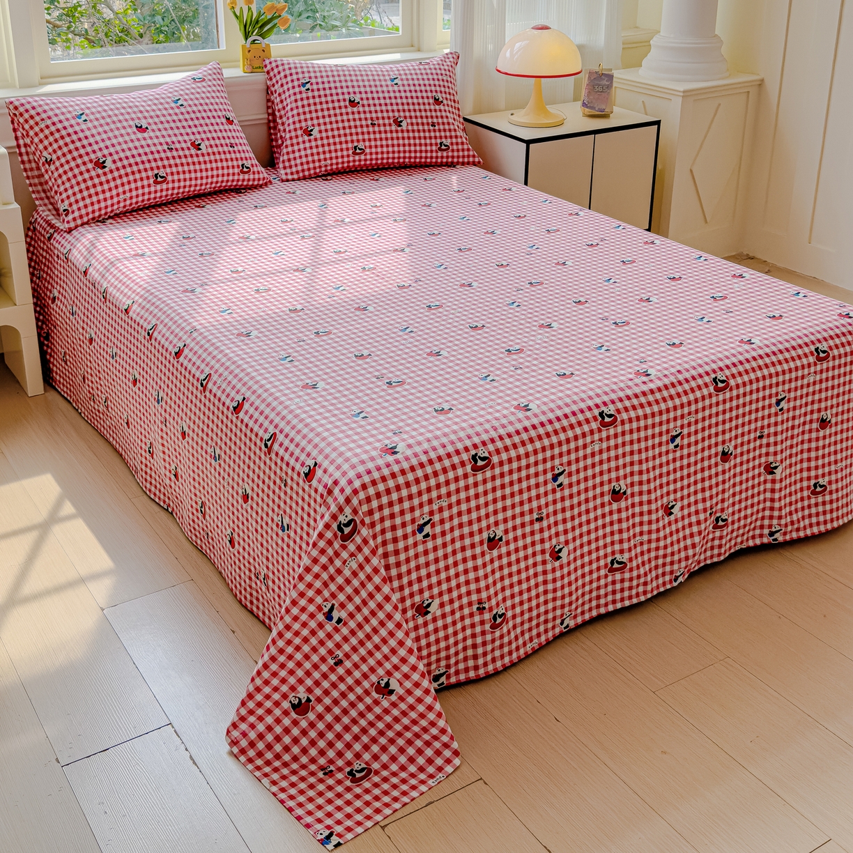 91家纺网 家纺一手货源 找家纺 感遇家纺 2026春夏新款双层纱全棉纯棉系列四件套-第一批 红格熊猫