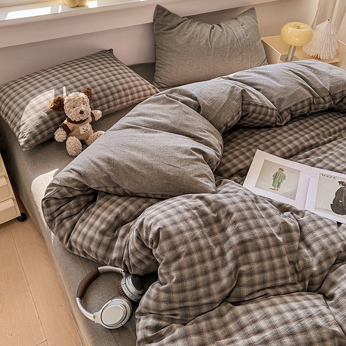 91家纺网 家纺一手货源 找家纺 梦依依 2026新款全棉色织水洗棉拉链款四件套 云岫兰咖