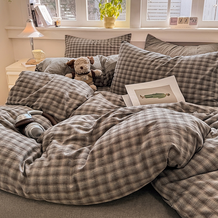 91家纺网 家纺一手货源 找家纺 梦依依 2026新款全棉色织水洗棉拉链款四件套 云岫兰咖