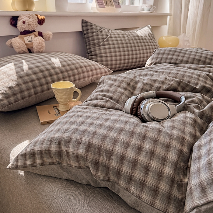 91家纺网 家纺一手货源 找家纺 梦依依 2026新款全棉色织水洗棉拉链款四件套 云岫兰咖