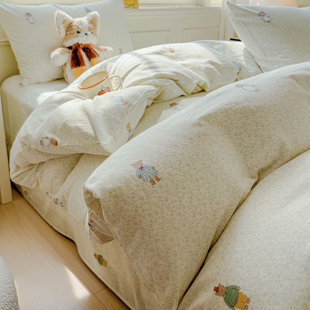 感遇家纺 2026春夏新款双层纱全棉纯棉系列四件套-第一批 花枝兔