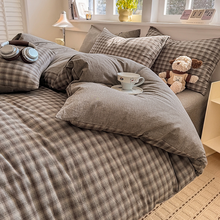 91家纺网 家纺一手货源 找家纺 梦依依 2026新款全棉色织水洗棉拉链款四件套 云岫兰咖