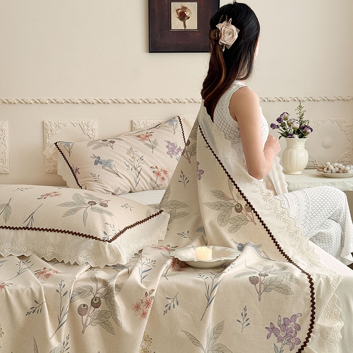 91家纺网 家纺一手货源 找家纺 乐朵家居 2026新款棉麻老粗布三件套 花韵