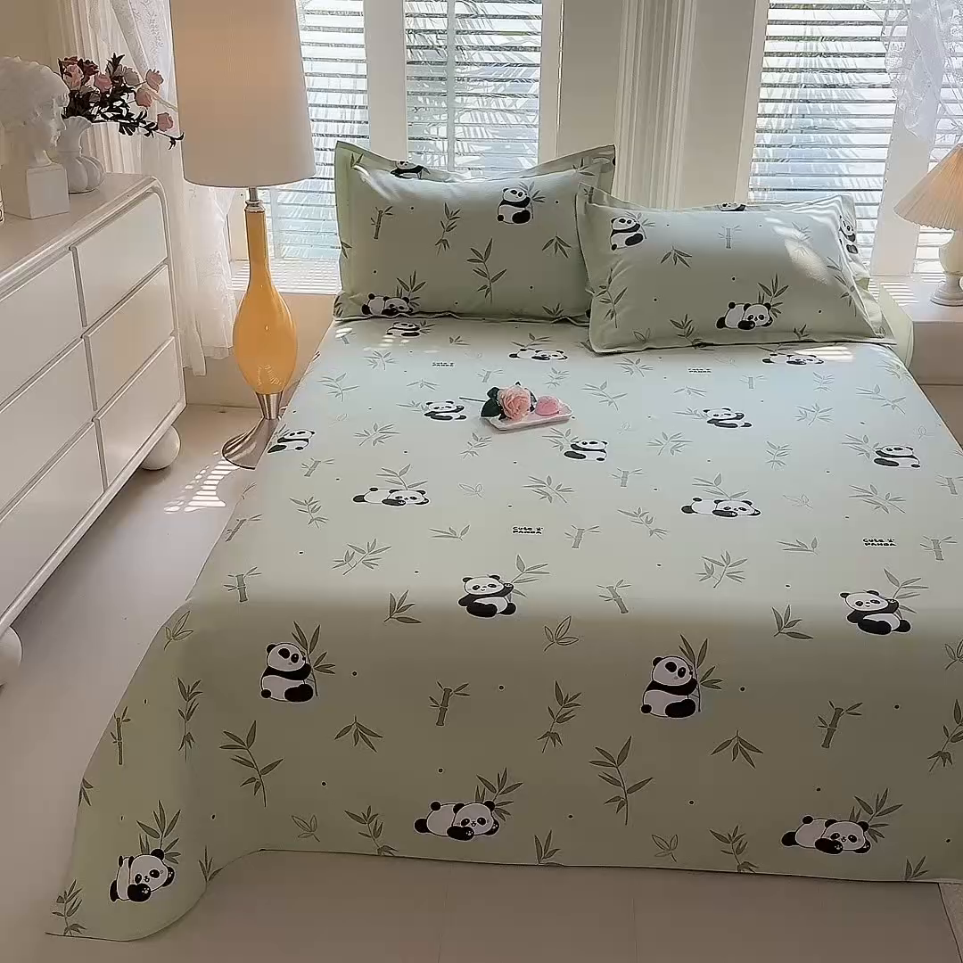 91家纺网 家纺一手货源 找家纺 木易家居 2026新款原棉老粗布床单凉席三件套 憨憨熊