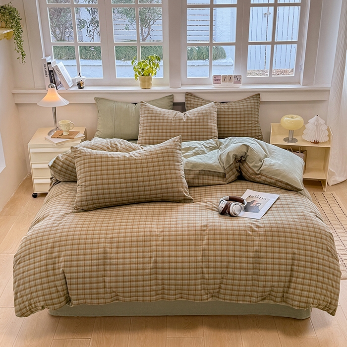 91家纺网 家纺一手货源 找家纺 梦依依 2026新款全棉色织水洗棉拉链款四件套 云岫绿咖