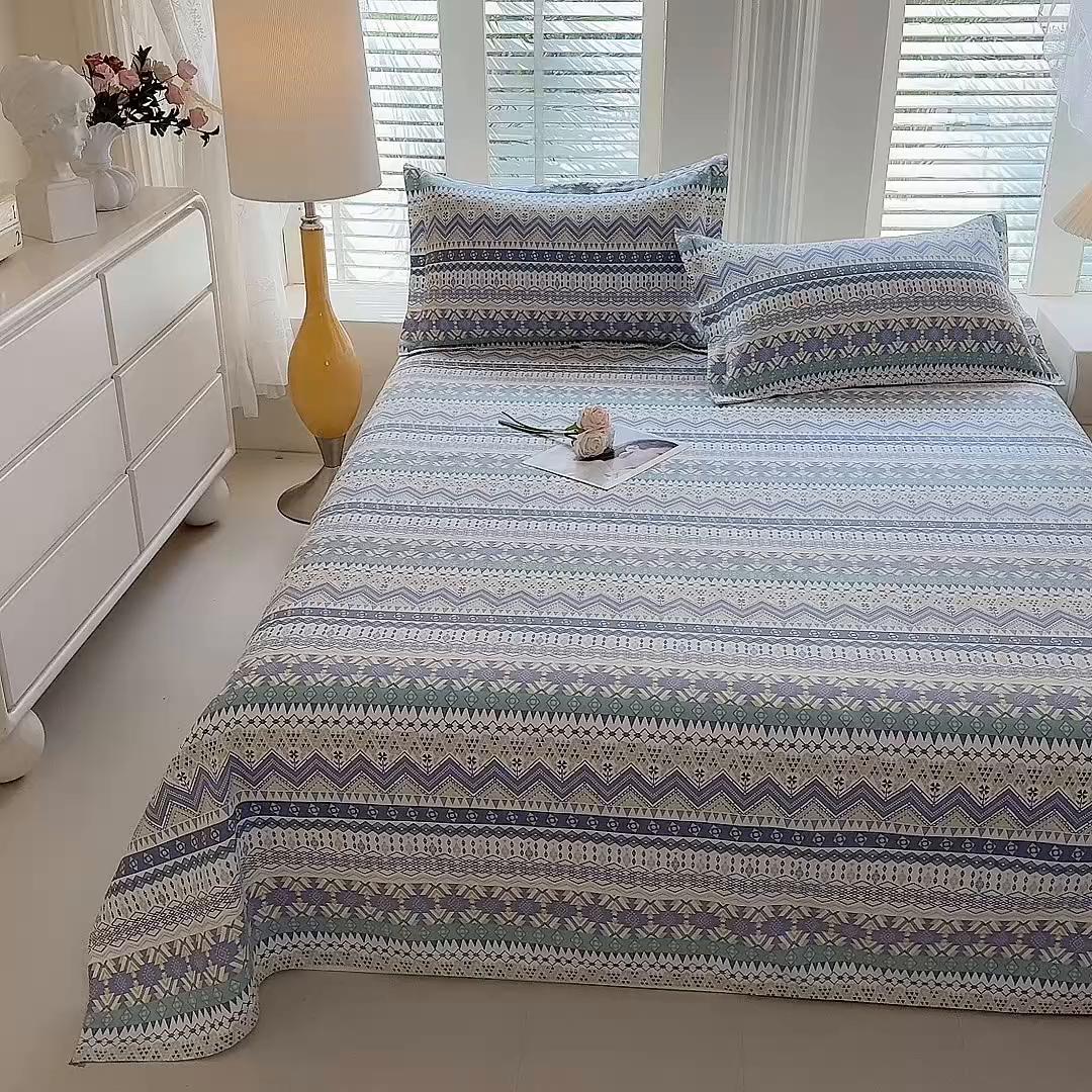 91家纺网 家纺一手货源 找家纺 木易家居 2026新款原棉老粗布床单凉席三件套 魅力欧风