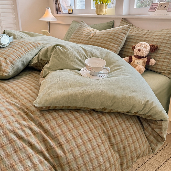 91家纺网 家纺一手货源 找家纺 梦依依 2026新款全棉色织水洗棉拉链款四件套 云岫绿咖