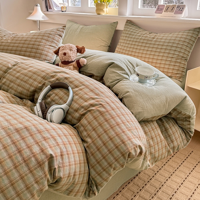 91家纺网 家纺一手货源 找家纺 梦依依 2026新款全棉色织水洗棉拉链款四件套 云岫绿咖