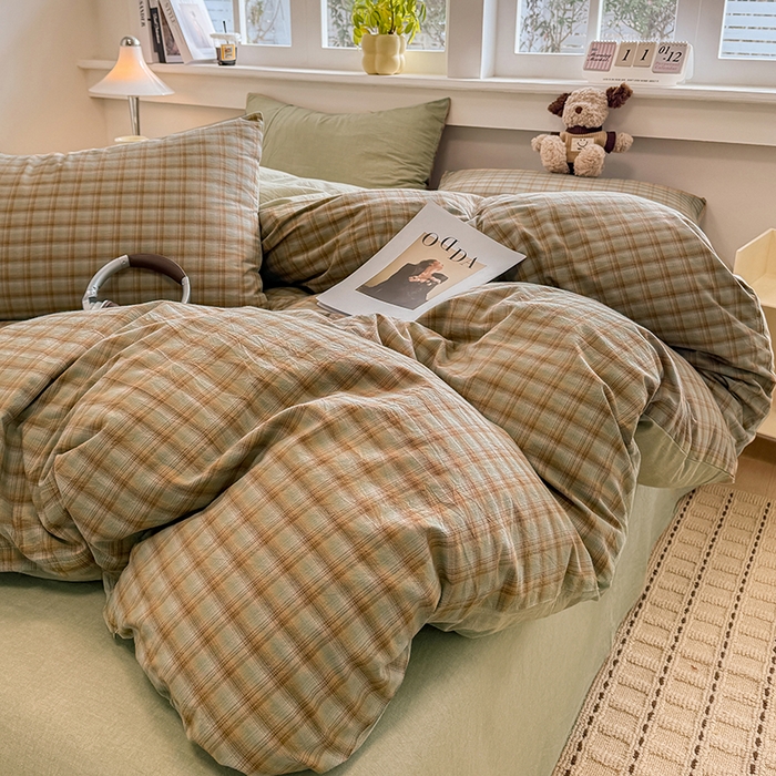 91家纺网 家纺一手货源 找家纺 梦依依 2026新款全棉色织水洗棉拉链款四件套 云岫绿咖