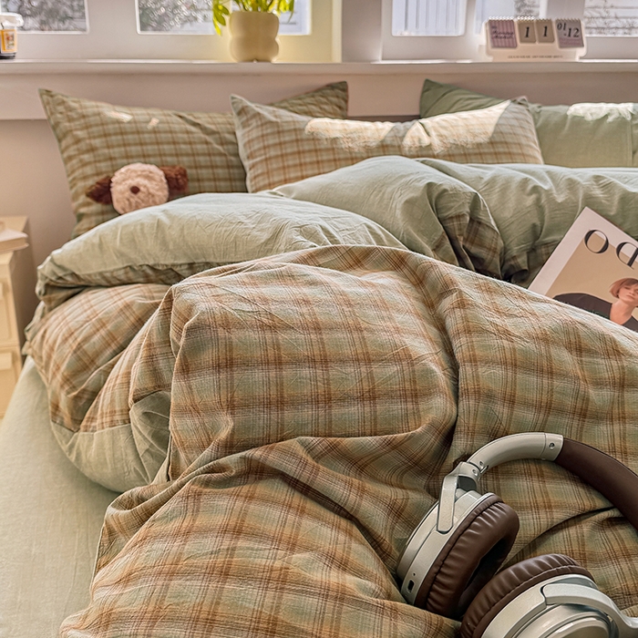 91家纺网 家纺一手货源 找家纺 梦依依 2026新款全棉色织水洗棉拉链款四件套 云岫绿咖