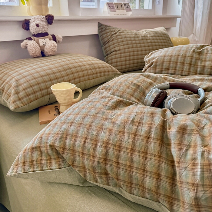 91家纺网 家纺一手货源 找家纺 梦依依 2026新款全棉色织水洗棉拉链款四件套 云岫绿咖