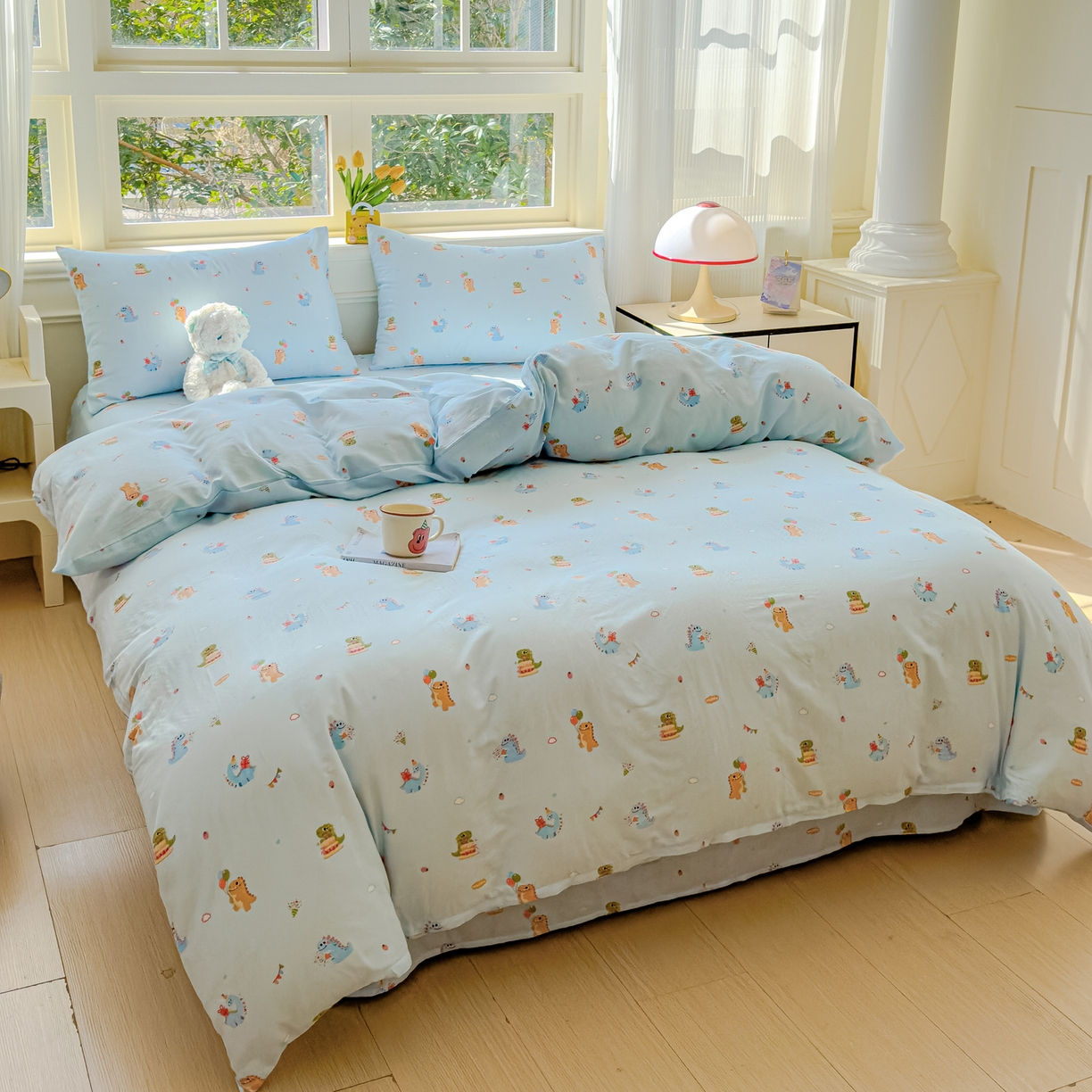 91家纺网 家纺一手货源 找家纺 感遇家纺 2026春夏新款双层纱全棉纯棉系列四件套-第一批 蓝色恐龙