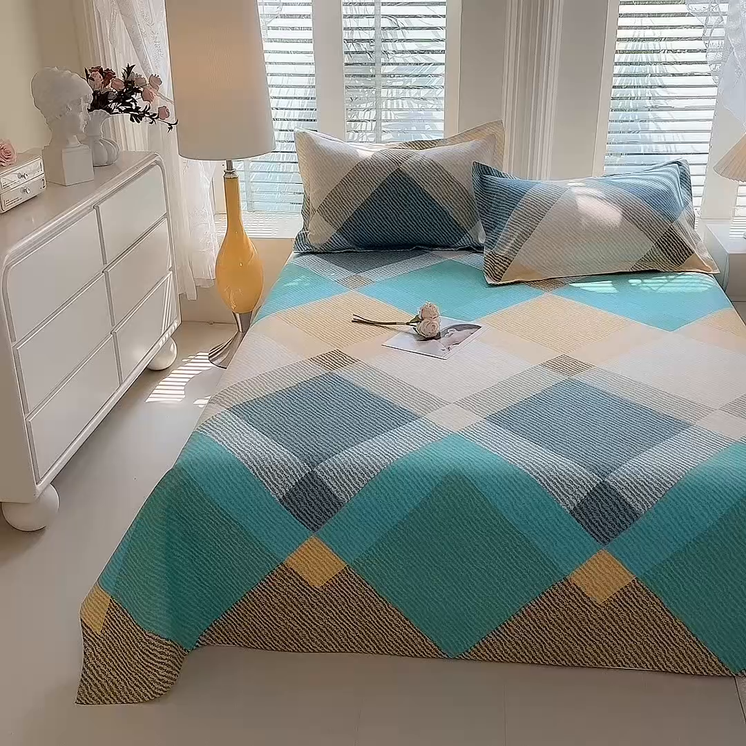 91家纺网 家纺一手货源 找家纺 木易 2026新款原棉老粗布床单凉席三件套 幸运格