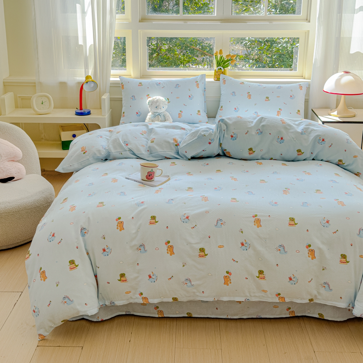 91家纺网 家纺一手货源 找家纺 感遇家纺 2026春夏新款双层纱全棉纯棉系列四件套-第一批 蓝色恐龙