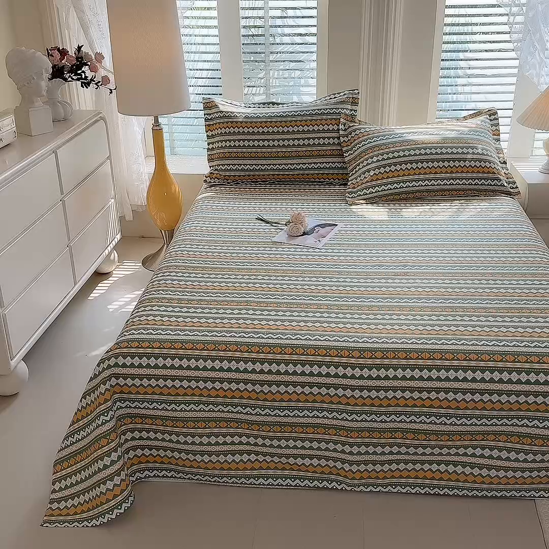 91家纺网 家纺一手货源 找家纺 木易家居 2026新款原棉老粗布床单凉席三件套 雅梦静