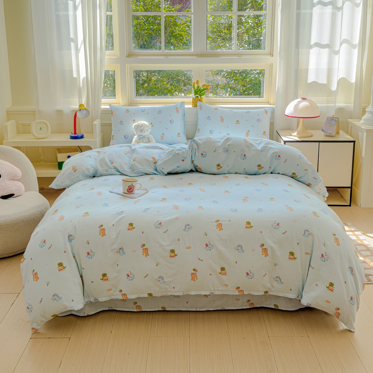 91家纺网 家纺一手货源 找家纺 感遇家纺 2026春夏新款双层纱全棉纯棉系列四件套-第一批 蓝色恐龙